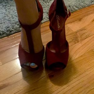 Burgundy suede open toe heel with t-strap front